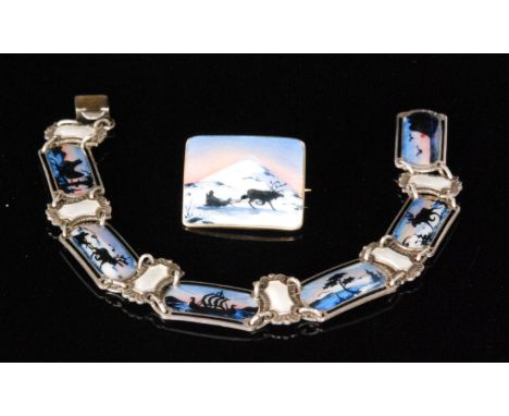 Ivar T Holth - A 1950s Norwegian silver gilt and enamel panel link bracelet formed of six shaped rectangular links each ename