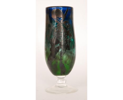 Joye Colbeck - A contemporary studio cameo glass vase of footed ovoid form, cased in oxide black over a graduated blue to gre