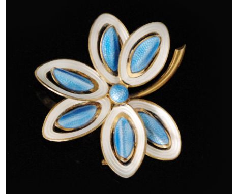 Aksel Holmsen - A 1950s Norwegian silver gilt and guilloche enamel flower brooch with six pierced petals, each with a powder 