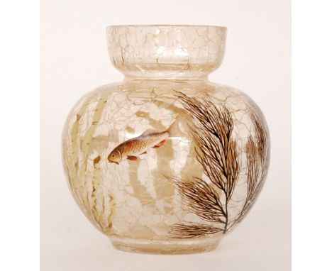 Moser - A late 19th Century crackle glass vase of spherical form with collar neck, enamel decorated with fish swimming amongs