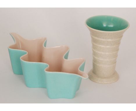 Poole Pottery - A shape 795 twin-tone vase of stepped flared form decorated in a mottle brown with a blue interior, printed a
