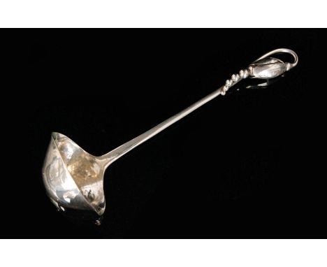 Georg Jensen - A Danish Sterling silver cream ladle in the Blossom pattern, the ovoid hammered bowl tapering to a fine sinuou