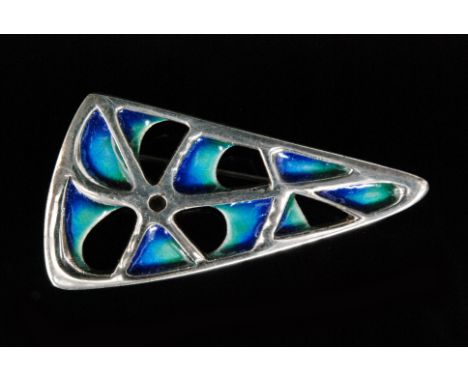 David Lawrence Silverware - A 1960s silver and enamel brooch of horizontal kite shaped outline with pierced ovals inset with 