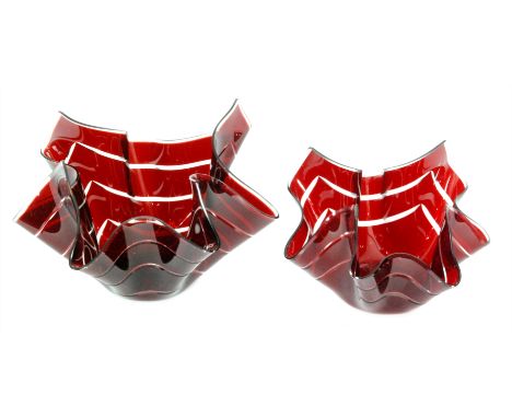 Chance Glass - A pair of handkerchief vases each in ruby over clear with a cut linear pattern, largest height 16cm