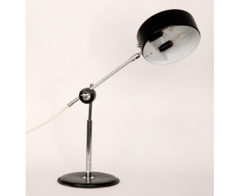 Unknown - A table lamp with a chrome jointed frame and black powder coated shade, all to a black leather weighted base, heigh