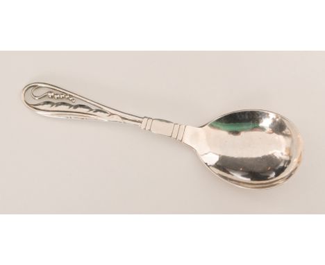 Georg Jensen - A Danish Sterling silver serving spoon, design number 42, Pea Pod, the ovoid hammered bowl with sinuous loop t