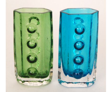 Geoffrey Baxter - Whitefriars - Two Textured range Traffic Light vases, pattern 9760 in Meadow Green and Kingfisher Blue, hei
