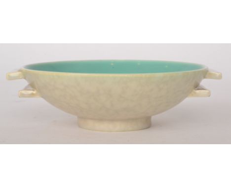 Poole Pottery - A 1930s Art Deco Plane Ware footed bowl with two lug handles to each side, impressed marks, diameter 15cm