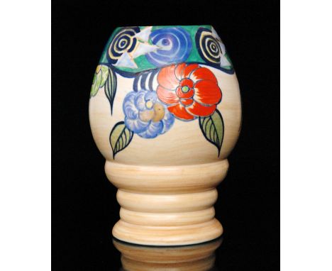 John Butler & Clarice Cliff - A shape 362 vase circa 1929 hand painted in the Tahiti Camellia pattern with a band of scrolls,