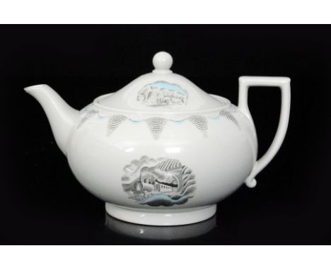 Eric Ravilious - Wedgwood - A large Travel pattern teapot decorated with vinaigrettes of trains and an automobile, printed ma