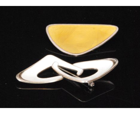 Karl A Rasmussen - A 1950s Norwegian silver and guilloche enamel brooch of organic outline with yellow ochre centre, stamped 