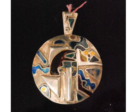 Unknown - A 1970s silver and enamel pendant of circular domed outline, embossed with abstract geometric shapes and enamelled 