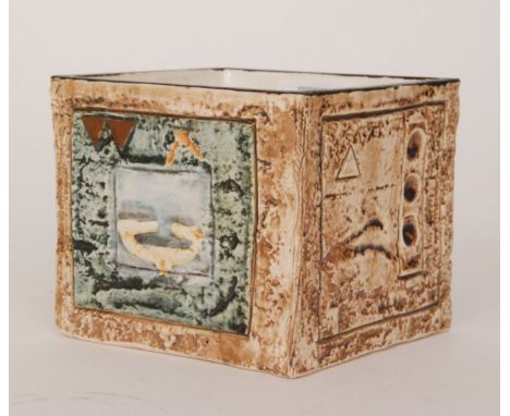 Jane Fitzgerald - Troika Pottery - A square planter decorated to each facia with incised abstract motifs, the body in a sand 