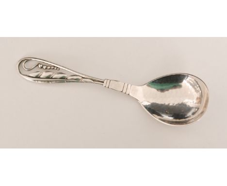 Georg Jensen - A Danish Sterling silver jam spoon, design number 42, Pea Pod, the ovoid hammered bowl with sinuous loop termi