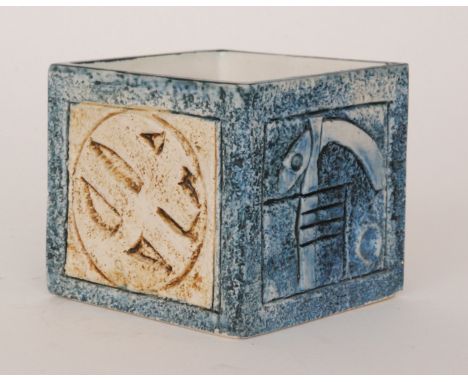 Tina Doubleday - Troika Pottery - A square planter decorated to each facia with incised geometric motifs in tones of blue and