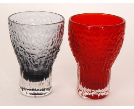 Geoffrey Baxter - Whitefriars - Two Textured range Chalice vases, pattern 9835 in Ruby and Lilac, height 14cm