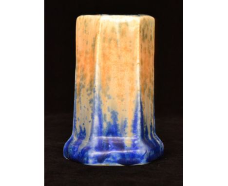 Ruskin Pottery - A crystalline glaze vase of hexagonal form decorated in a streaked orange over blue glaze with green flecks,