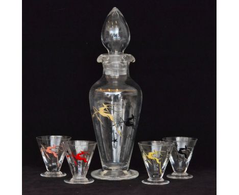 Unknown - A 1930s Art Deco British Crystal decanter set comprising a shouldered ovoid shaker and four conical glasses, each h