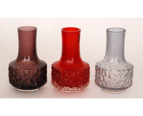 Geoffrey Baxter - Whitefriars - Three Textured range Mallet vases, pattern 9818 in Lilac, Aubergine and Ruby, height 18cm