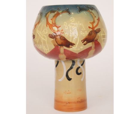 Joe Hobbs - Moorcroft Pottery - The Abbots Bromley Chalice - A large chalice form vase decorated with tubelined figures playi