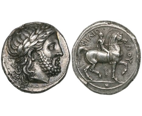 Kingdom of Macedonia, Philip II (359-336 BC), tetradrachm, Pella, c. 342-336 BC, laureate head of Zeus right, rev., ΦΙΛΙΠ-ΠΟΥ