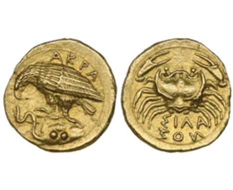 Akragas, gold tetradrachm, c. 410-406 BC, ΑΚΡΑ, eagle with closed wings standing left on rock, about to tear at serpent; on t