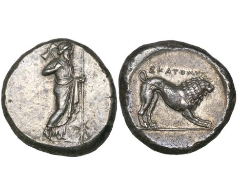 Satraps of Caria, Hekatomnos (392-377 BC), tetradrachm, Mylasa, Zeus Labraundos standing right, wearing chiton and himation, 