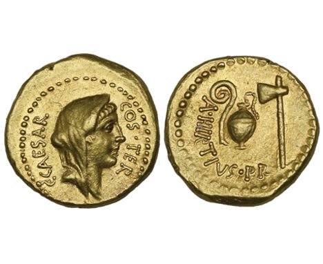 Julius Caesar (died 44 BC), aureus, Rome, 46 BC, with A. Hirtius as praetor, C CAESAR COS ITER, veiled head of Vesta right, r