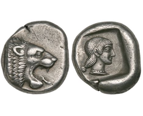 Caria, Knidos, drachm, c. 490-465 BC, forepart of lion right with open mouth, rev., head of Aphrodite right wearing taenia an