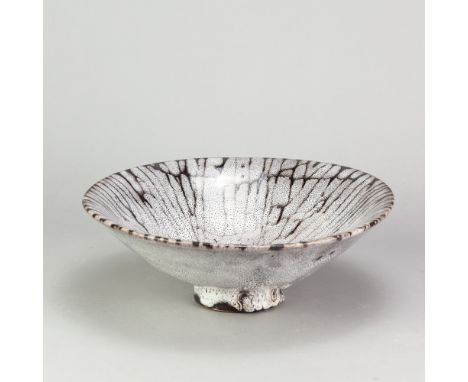 JAMES TOWER (1919-1988); a tin glazed earthenware footed bowl with black and white decoration, incised signature, made circa 