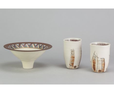 BRIDGET DRAKEFORD (born 1946); a porcelain pedestal bowl with bands of geometric decoration and bronze rim, incised signature