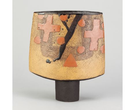 JOHN MALTBY (1936-2020); a large stoneware spade vase decorated with a stylised landscape, painted signature, height 26.5cm. 