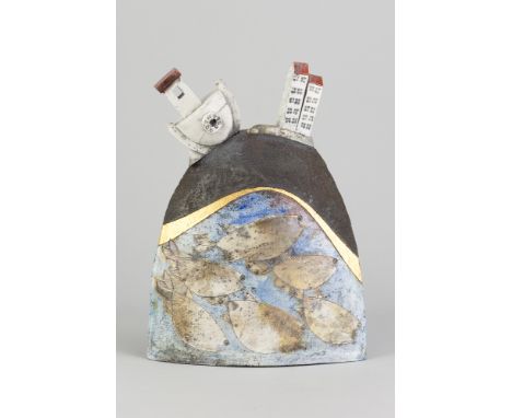ROB WHELPTON (born 1952); a raku seascape sculpture with lustred fish decoration, impressed marks, height 32cm. (D)Additional