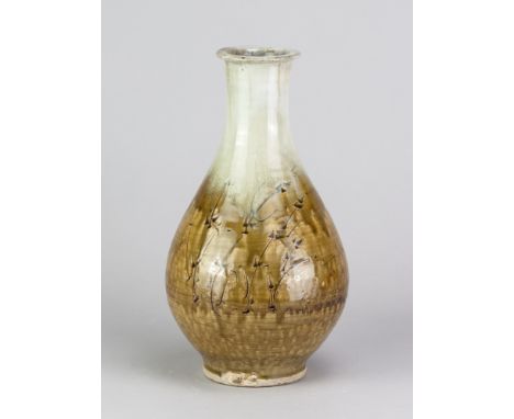 JIM MALONE (born 1946); a stoneware Korean bottle covered in green ash glaze with incised decoration and nuka top, impressed 