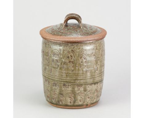 RICHARD BATTERHAM (1936-2021); a stoneware jar and cover covered in green ash glaze with incised decoration, impressed early 