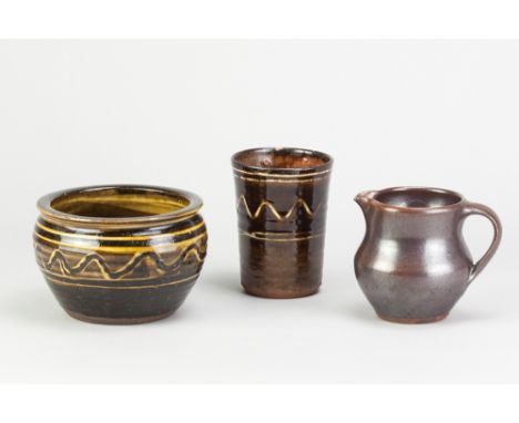 SIDNEY TUSTIN (1914-2005) for Winchcombe Pottery; a slipware beaker with meander pattern, impressed ST and pottery marks, hei