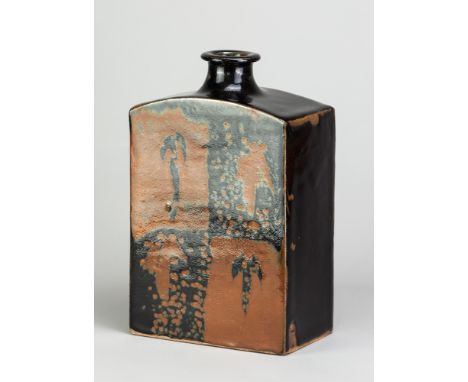 JIM MALONE (born 1946); a large stoneware slab bottle covered in tenmoku and kaki glaze with wax resist decoration, impressed