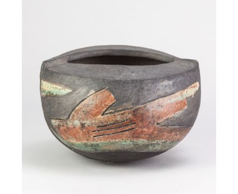 URSULA STROH-RUBENS (born 1938); a raku vessel with incised decoration picked out in copper red and green glaze, incised UR m