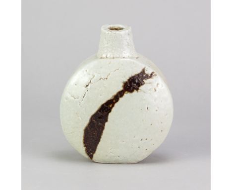 JANET LEACH (1918-1997) for Leach Pottery; a heavily grogged porcelain bottle covered in celadon glaze with iron decoration, 