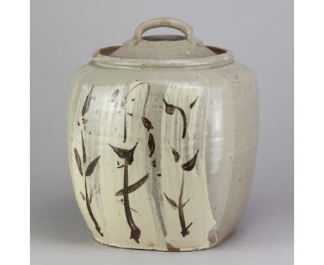 JIM MALONE (born 1946); a large stoneware square jar and cover partially covered in brushed slip with iron decoration, impres