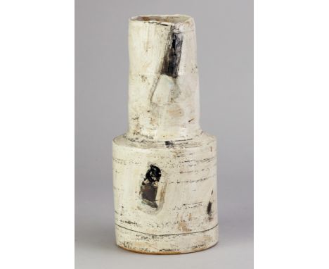 ROBIN WELCH (1936-2019); a stoneware cylindrical vessel covered in white glaze with black enamel decoration, impressed RW mar
