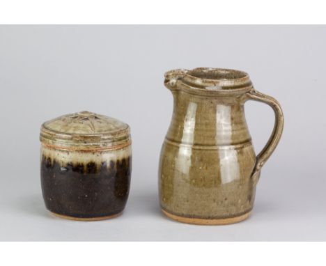 RICHARD BATTERHAM (1936-2021); a stoneware caddy covered in tenmoku and green ash glaze, height 12.5cm, and a jug, height 17.