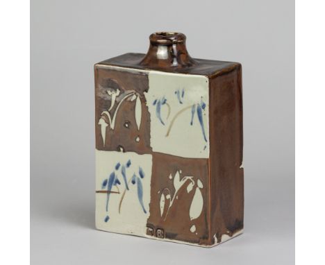 JIM MALONE (born 1946); a stoneware slab bottle partially covered in kaki glaze with cobalt, iron and wax resist decoration, 