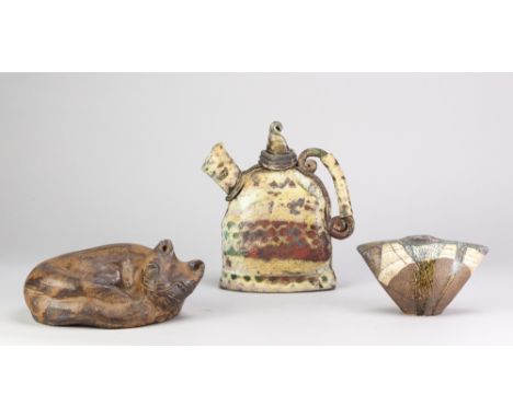 A raku teapot, earthenware vessel and stoneware sculpture of a cat by different makers, various marks, tallest 21cm (3).Addit