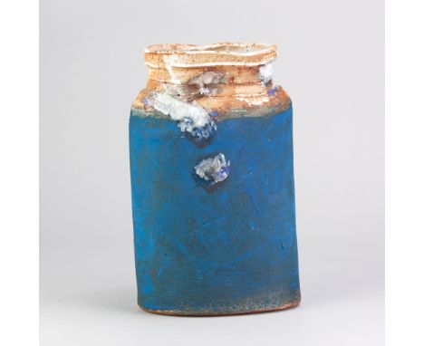 ROBIN WELCH (1936-2019); a stoneware oval bottle form partially covered in vibrant blue glaze with white enamel decoration, i