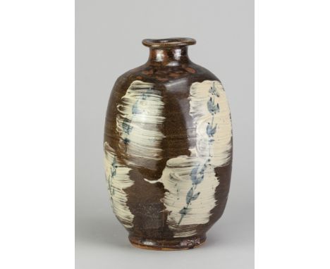 JIM MALONE (born 1946); a large stoneware square bottle covered in iron slip and panels of brushed slip with cobalt decoratio