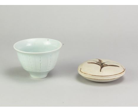DAVID LEACH (1911-2005) for Lowerdown Pottery; a porcelain bowl covered in celadon glaze with incised decoration, impressed D