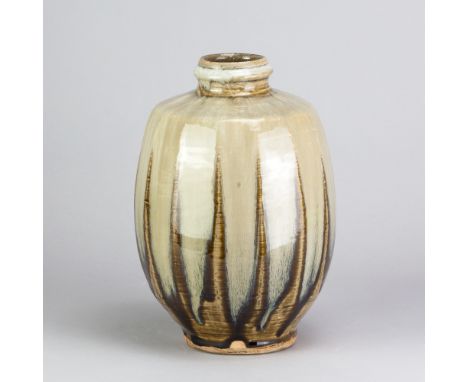 JIM MALONE (born 1946); a stoneware cut sided bottle covered in nuka and green ash glaze, impressed JM and L (for Lessonhall)