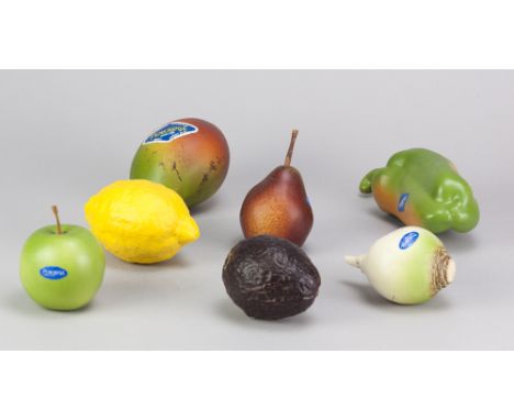 LORRAINE TAYLOR &amp; NICKY SMART for Penkridge Ceramics; a group of ceramic fruits and vegetables, pottery labels, largest 1