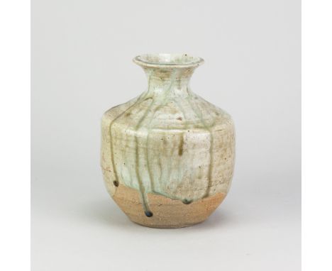 JANET LEACH (1918-1997) for Leach Pottery; a stoneware bottle partially covered in green ash glaze with trailed iron decorati
